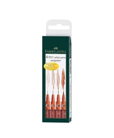 Faber-Castell artist pennen set: vier sepiakleurige pennen in een groen-witte doos.