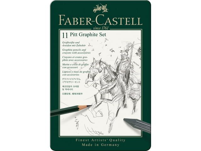 Faber-Castell Pitt Grafietset, donkergroene verpakking, potlood en schets van een paard en ruiter in grafiet.
