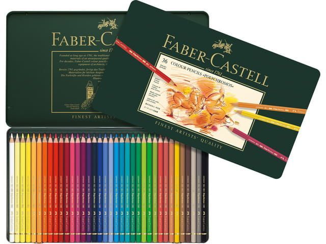 Groene Faber-Castell kleurpotlodendoos met 36 potloden, versierd met afbeeldingen en potloden die vanuit het midden naar buiten stralen.