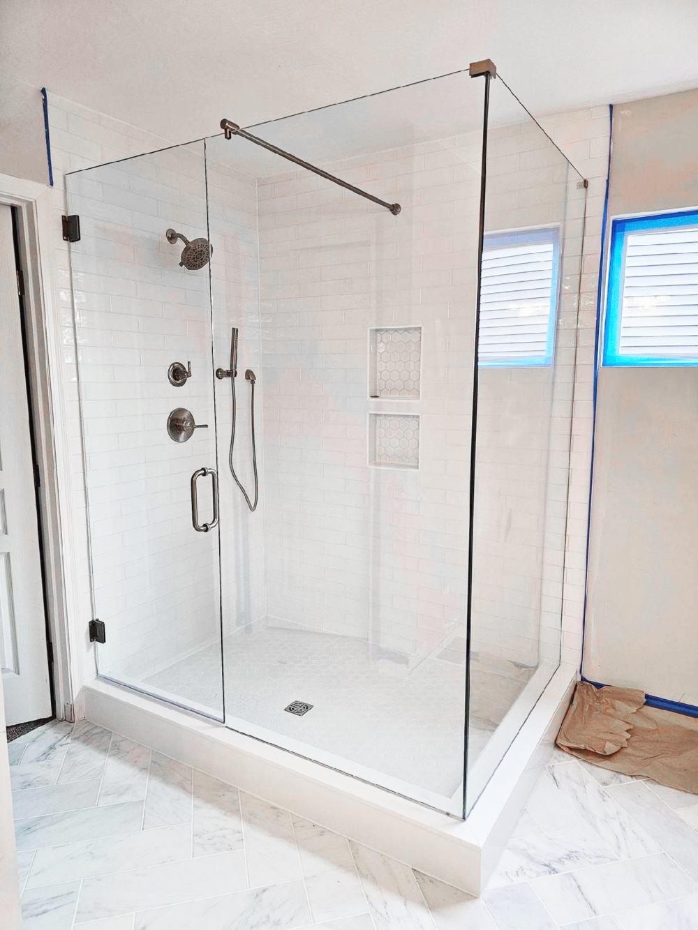 Celesta Panel/Door/Panel with Support Bar featuring Clear glass and Brushed Nickel hardware.