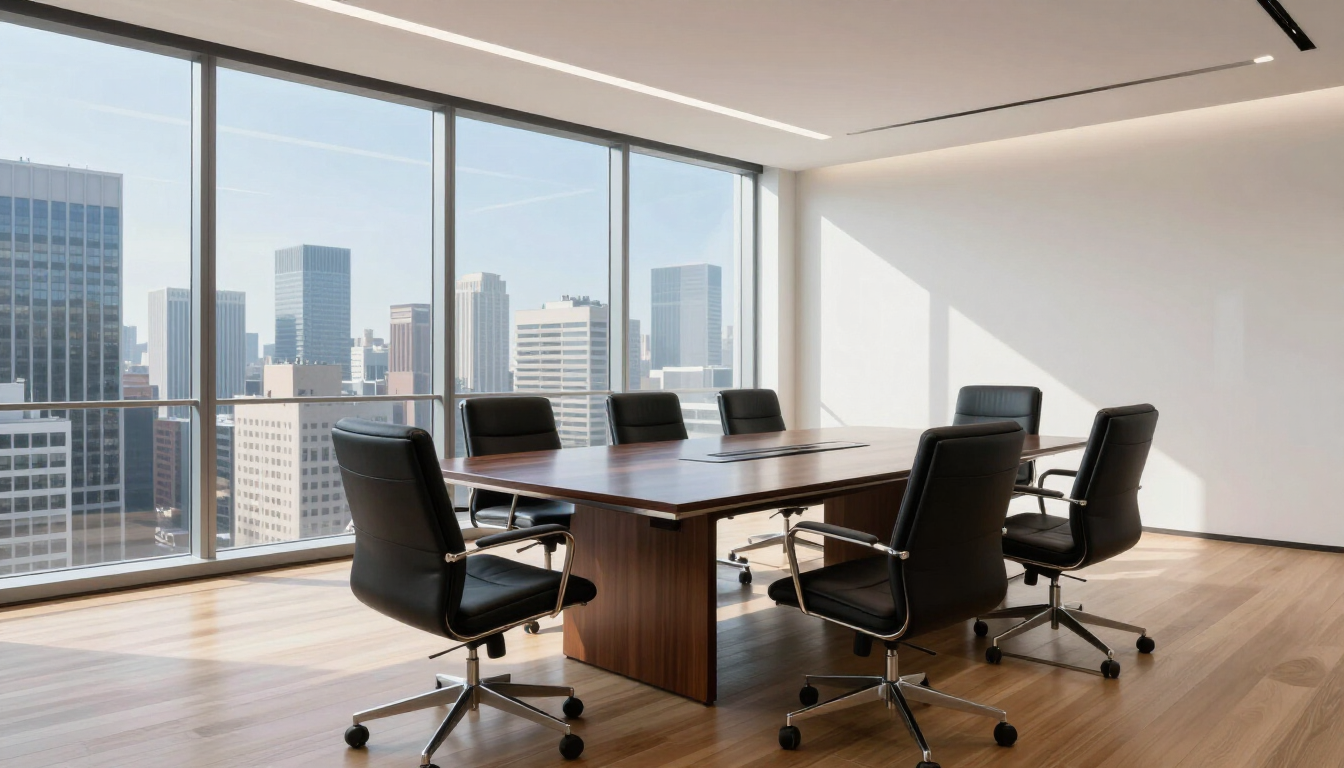 Modern consulting boardroom with city view