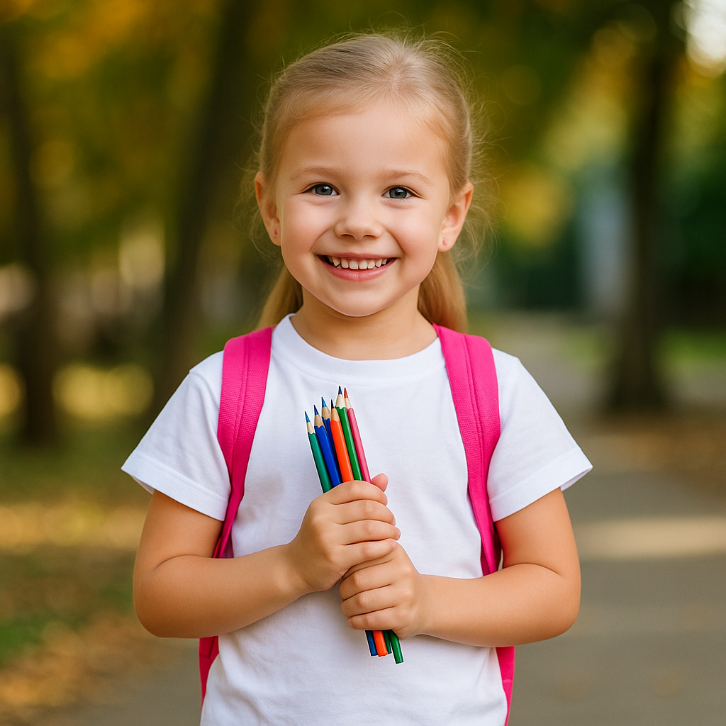 A smiling child wearing a white shirt and pink backpack holds a bundle of colored pencils outdoors.