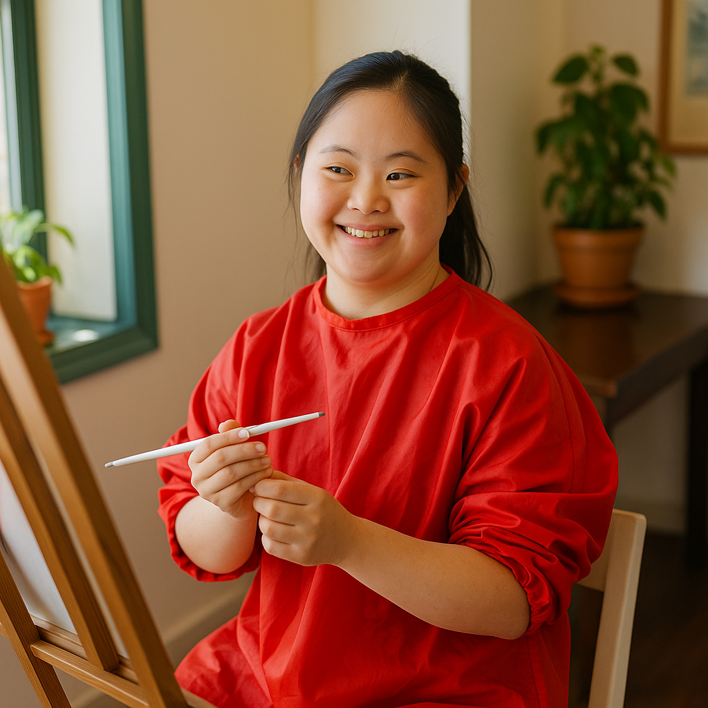 A person wearing a red smock smiles while holding a paintbrush in front of an easel in a well-lit room with plants.