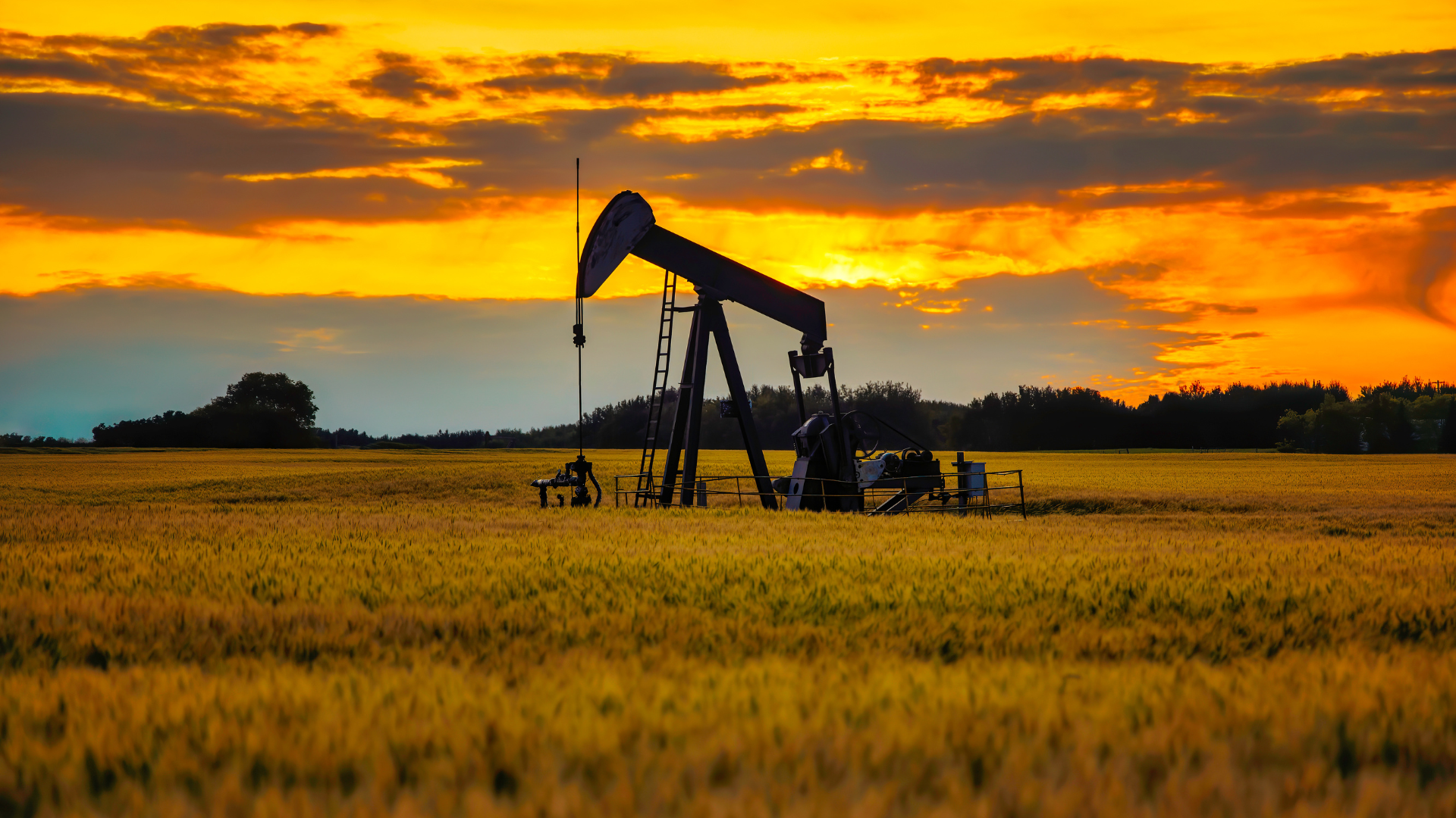 An oil pump is in the middle of a field at sunset.