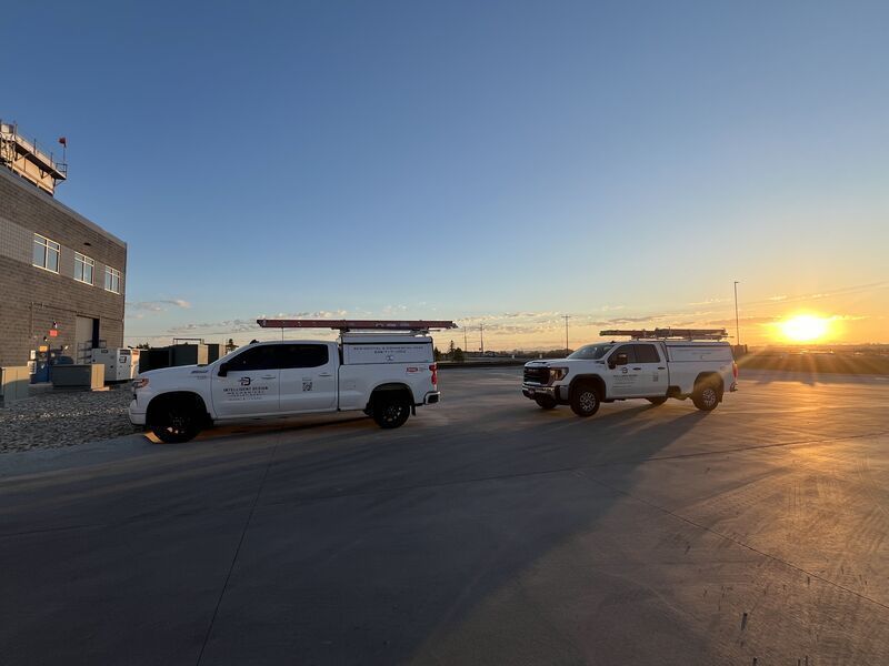 Two white pickup trucks parked on a paved lot at sunset beside a building