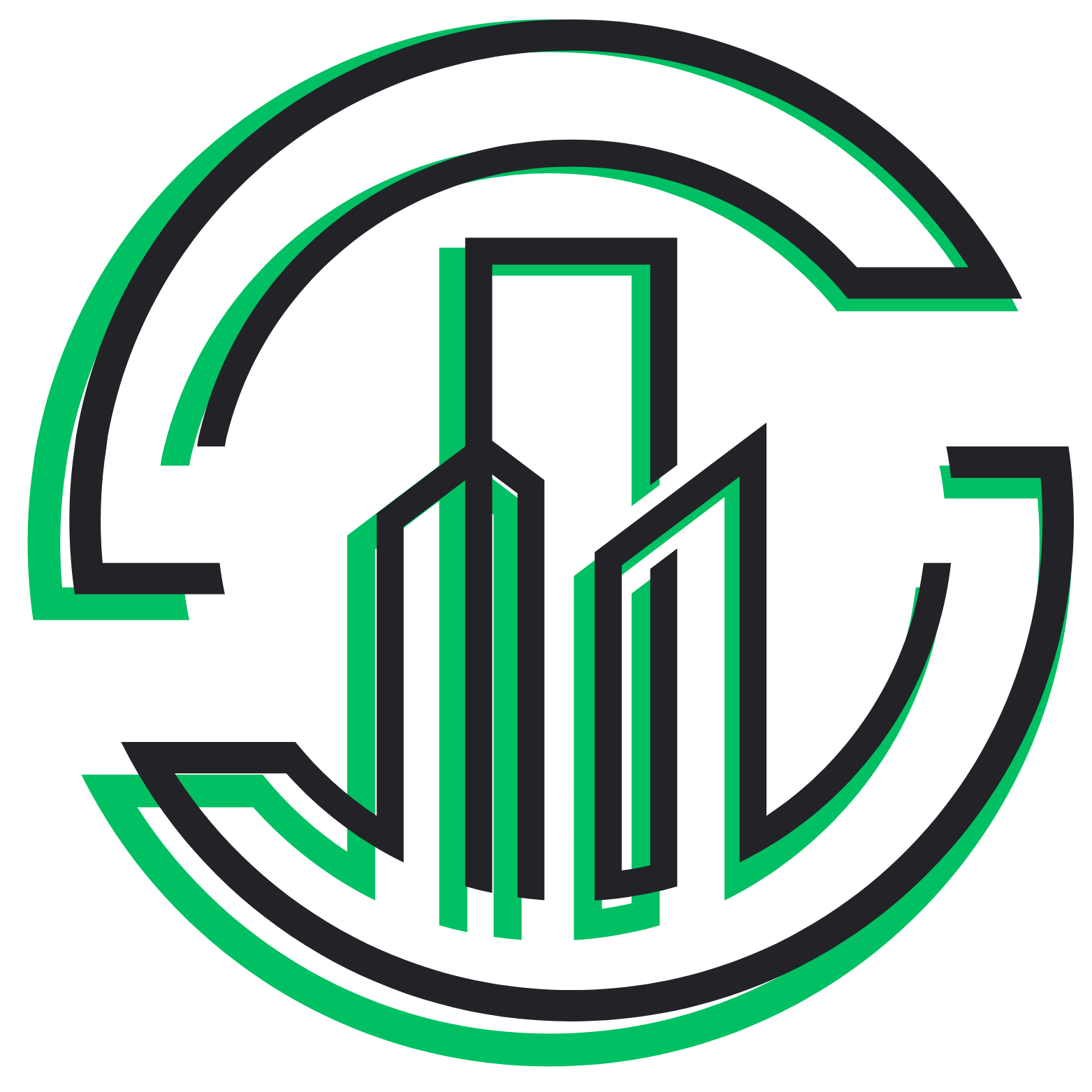 A green and black logo with buildings in a circle.