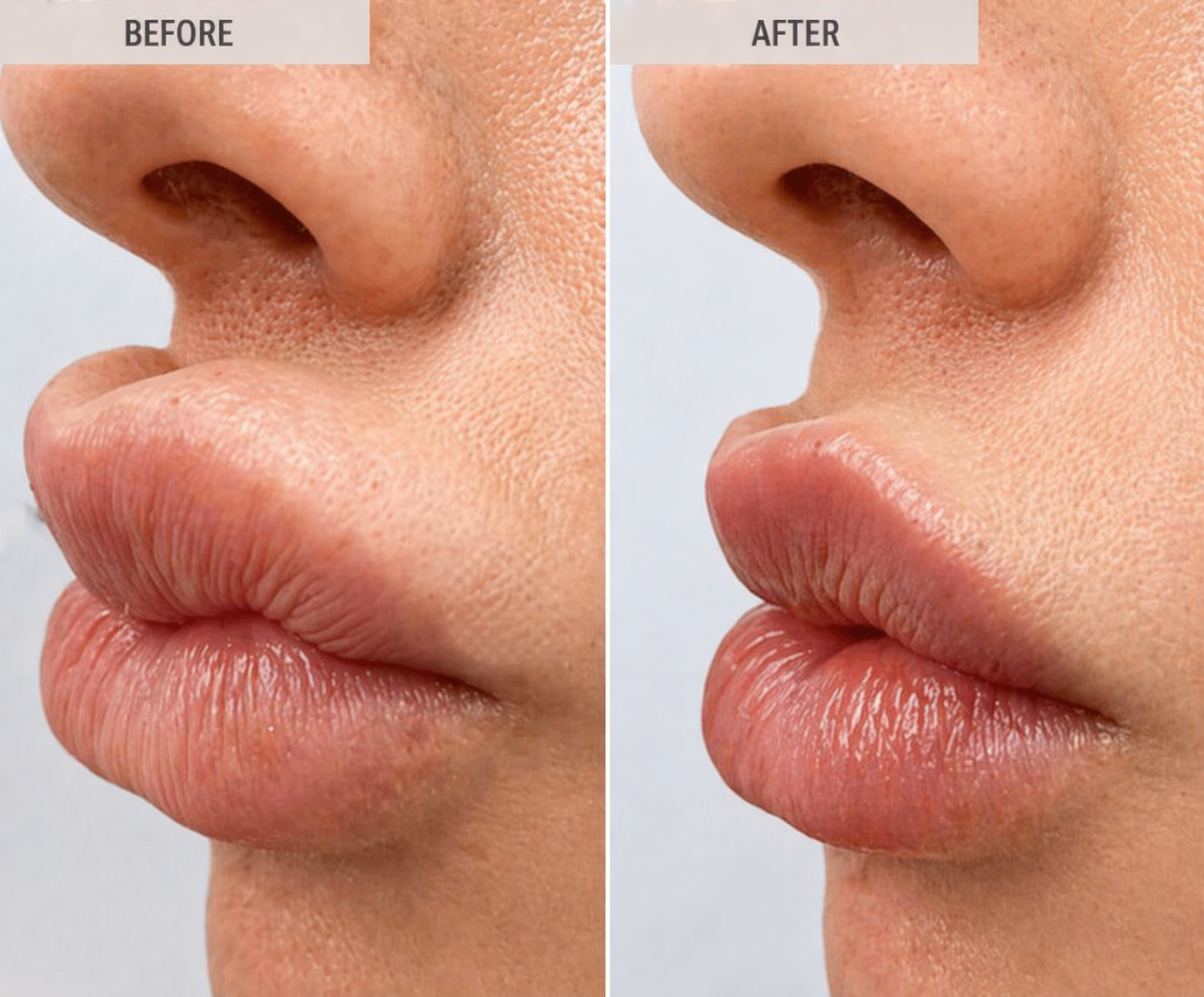 Before-and-after close-up of lips, showing Dissolved ips on the right.