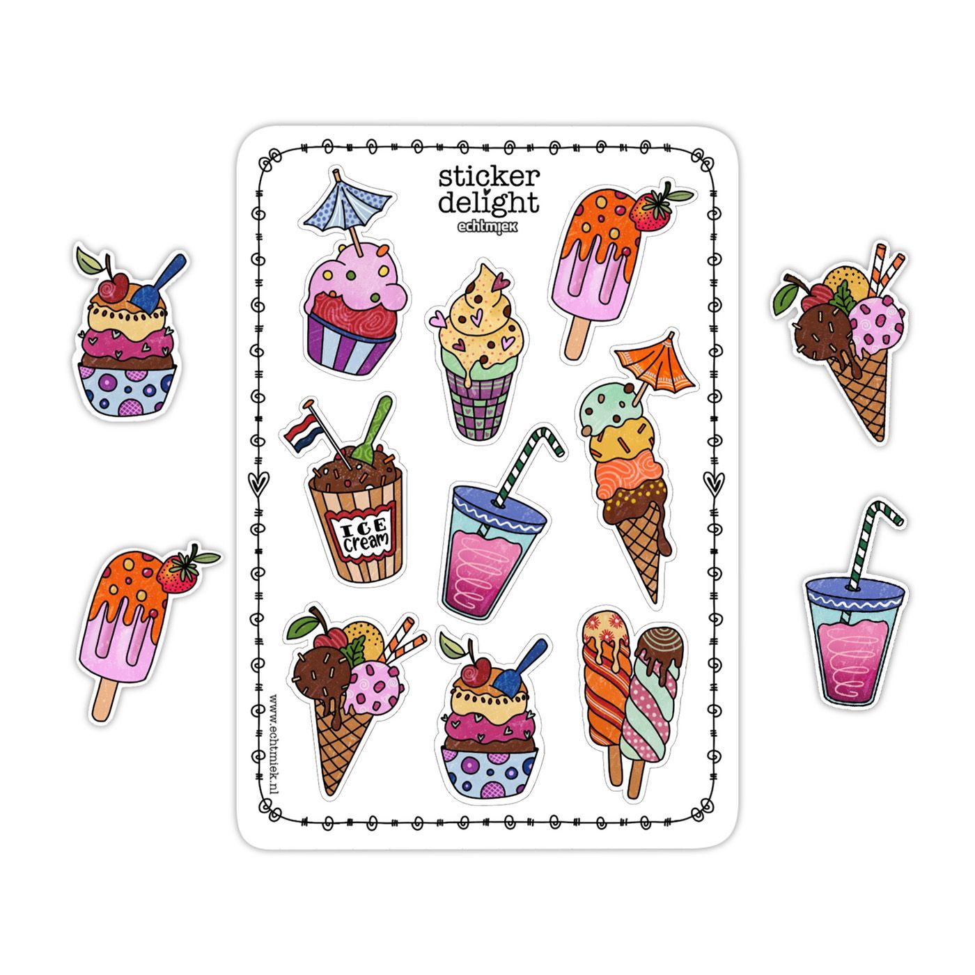 Kleurrijke ijsjes stickers met hoorntjes, ijslolly’s en milkshake  – EchtMiek