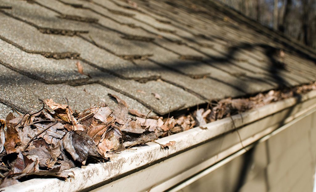 A gutter with leaves on it and a roof in the background.