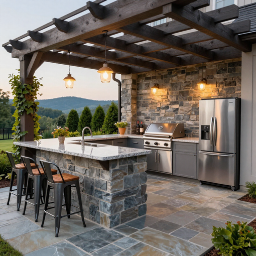 Outdoor stone kitchen and bar under a wooden pergola, with grill, fridge, pendant lights, and mountain view.