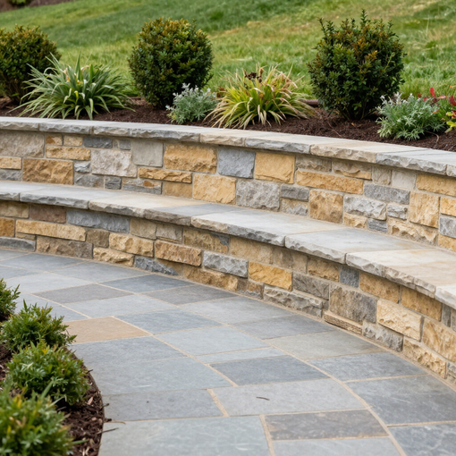 Curved stone bench and retaining wall beside a paved garden path with shrubs and grass