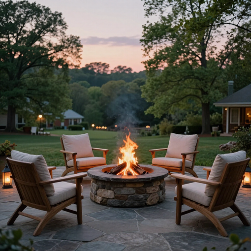 Wicker chairs around a stone fire pit burning at dusk in a wooded backyard patio
