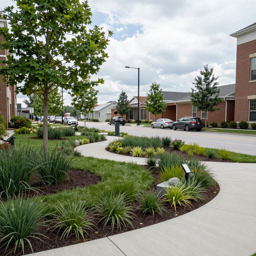 Curved sidewalk through landscaped residential street with trees, shrubs, and parked cars