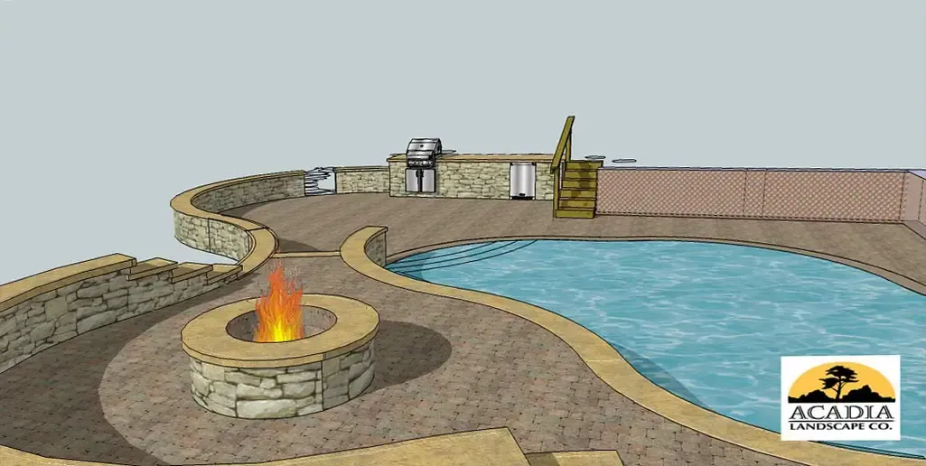 Small stone fire pit by a curved blue swimming pool in a fenced outdoor patio area