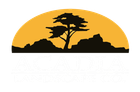Acadia Landscape Logo - silhouette of a lone acacia tree and rocks against a yellow-orange sunset sky