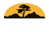 Acadia Landscape Logo - silhouette of a lone acacia tree and rocks against a yellow-orange sunset sky