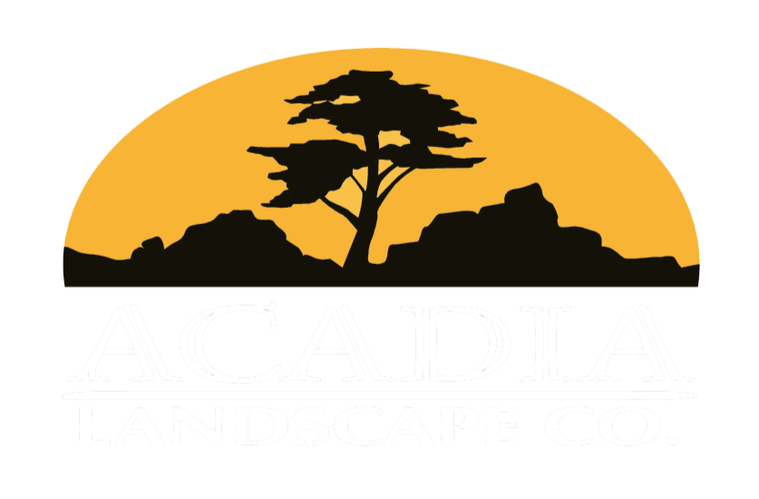 Acadia Landscape Logo - silhouette of a lone acacia tree and rocks against a yellow-orange sunset sky