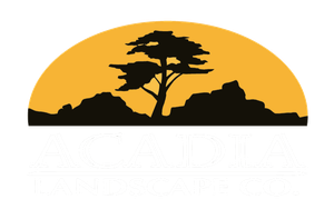 Acadia Landscape Logo - silhouette of a lone acacia tree and rocks against a yellow-orange sunset sky