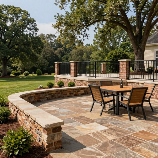 Patio with stone paving, outdoor table and chairs, curved brick wall, and grassy backyard with trees
