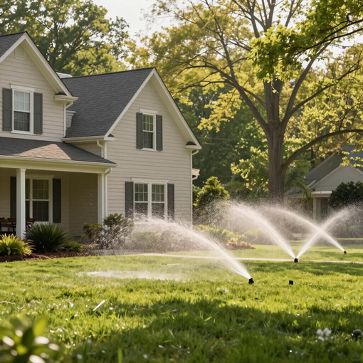 Lawn sprinklers watering a green yard beside a suburban house in warm sunlight