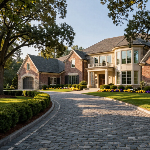 Large brick mansion with curved stone driveway, manicured hedges, and trees in front yard