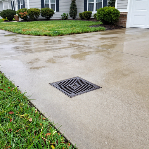 Wet concrete driveway with a drain grate beside a grassy lawn and shrubs by a house entrance