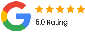 Google logo with five gold stars and “5.0 Rating” text