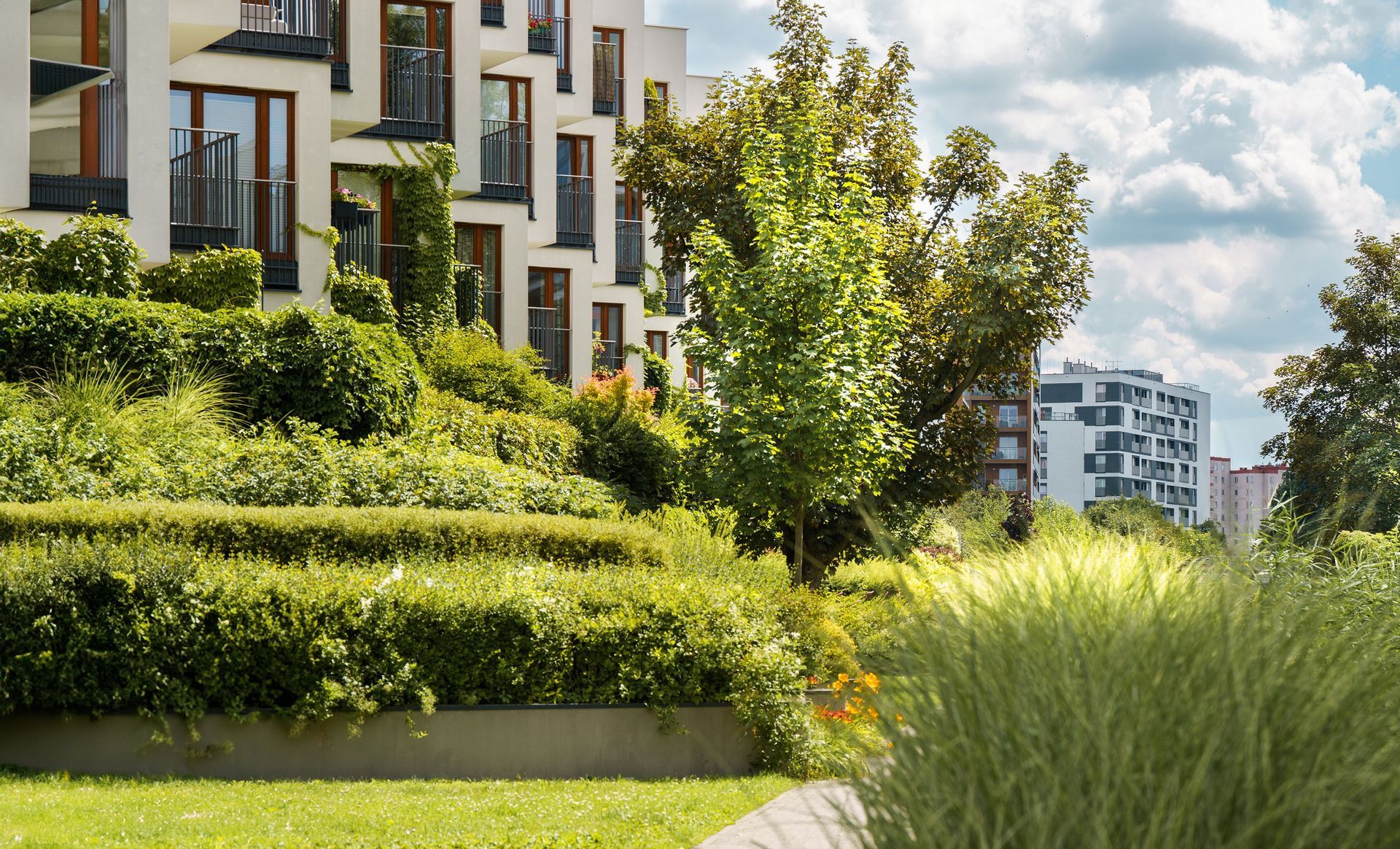 Modern apartment buildings beside a lush green landscaped garden with tall grass and trees