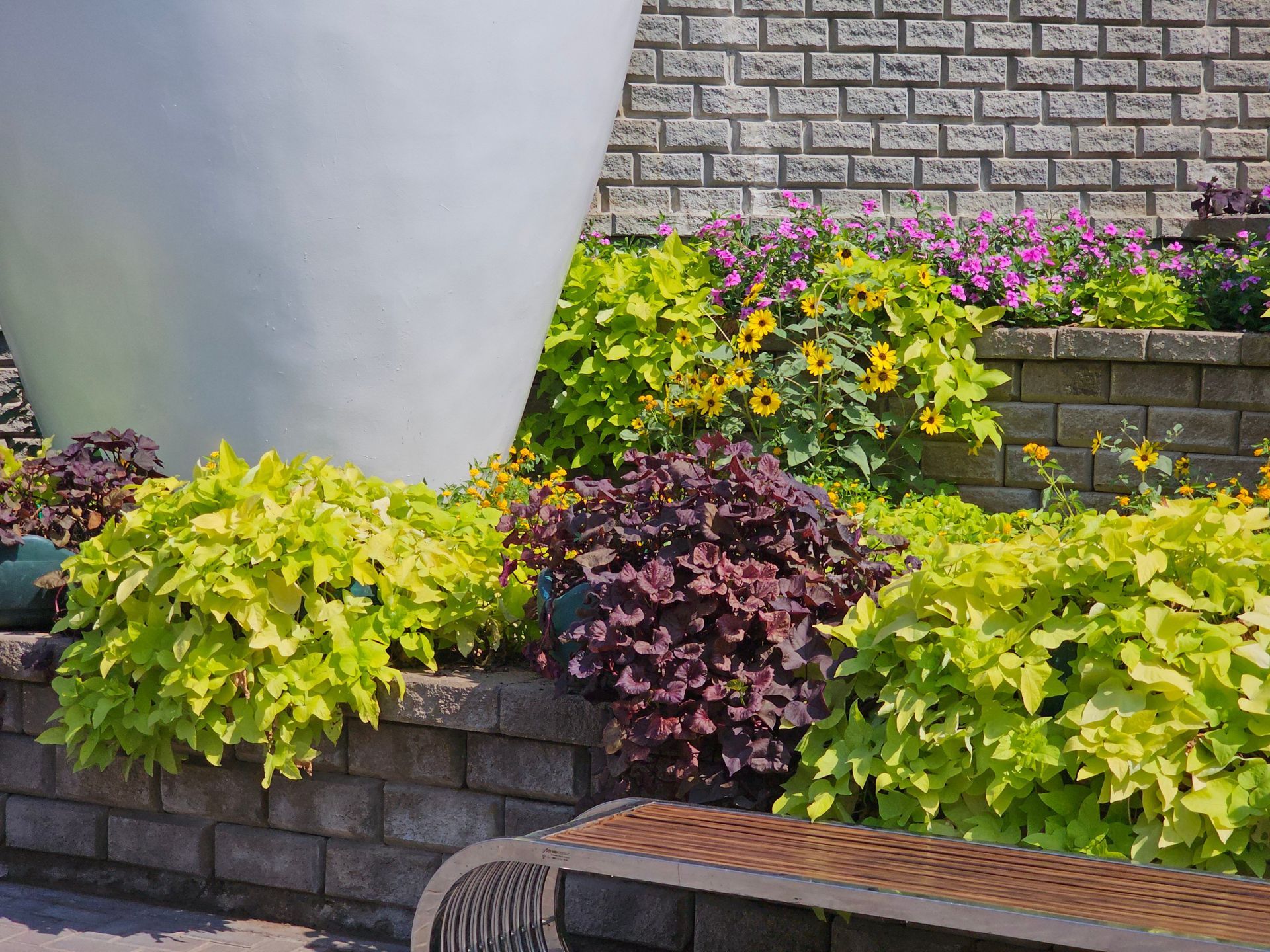 Colorful flowers and leafy plants in a stone planter beside a white sculpture wall