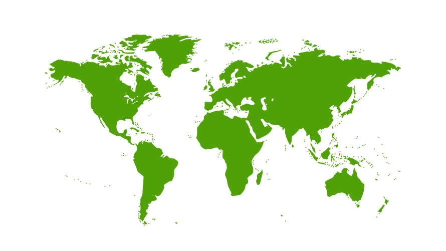Green world map on a white background, showing continents and oceans.