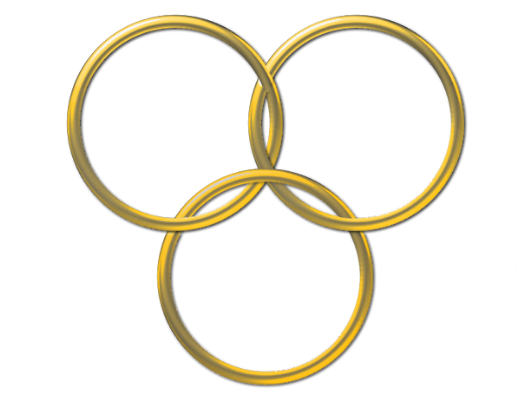 Three gold rings are intertwined on a white background