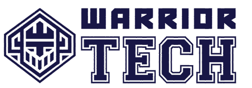 The logo for warrior tech is blue and white