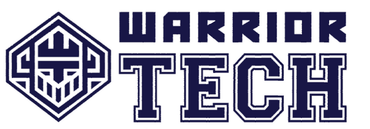 The logo for warrior tech is blue and white