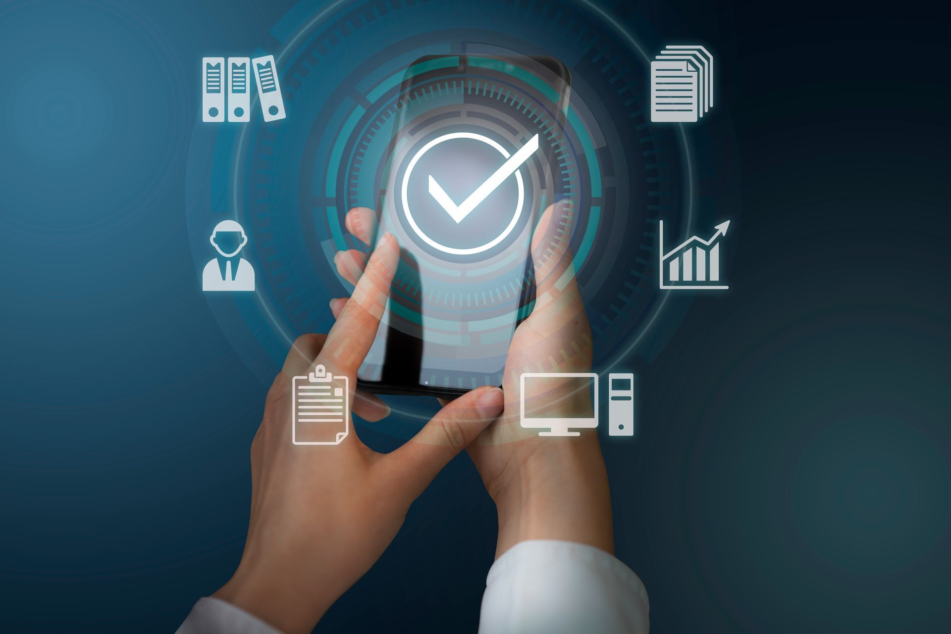 Hands holding a glowing smartphone with a checkmark and digital icons on a blue background
