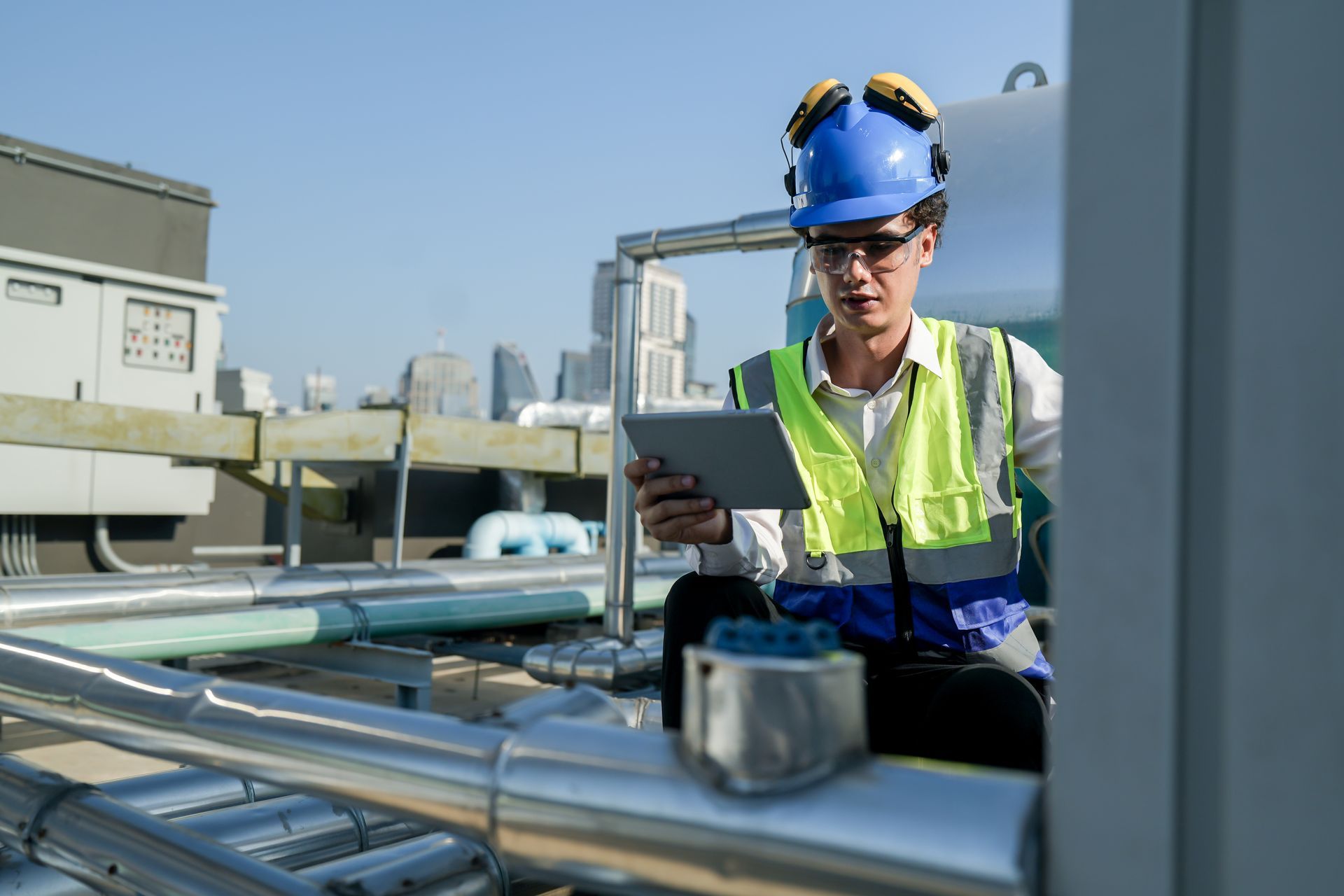 A man wearing a hard hat and safety vest is using a tablet computer.