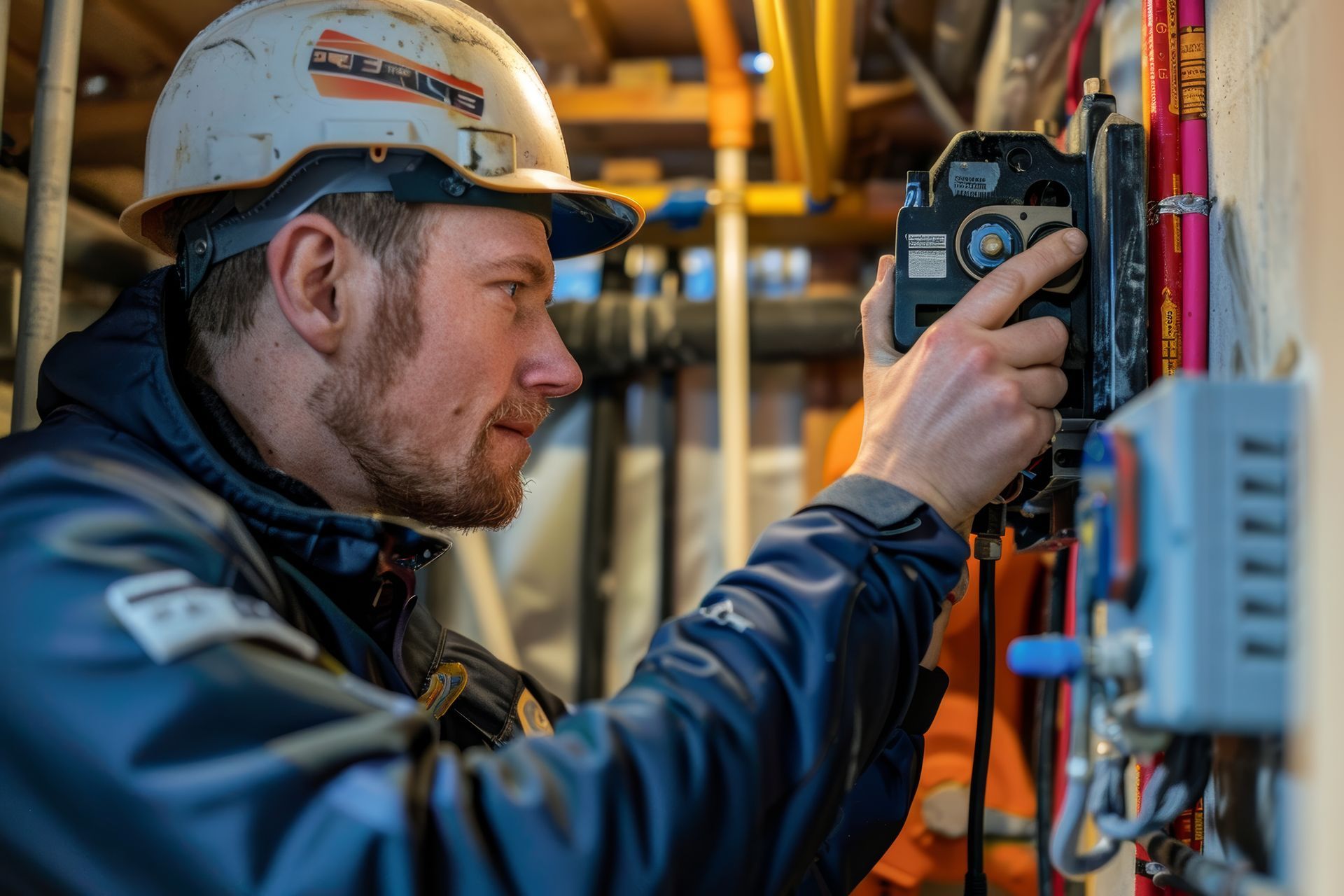 A man wearing a hard hat is taking a picture of a pipe.