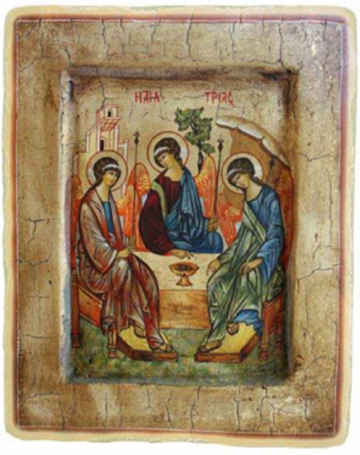 La Trinità di Rublëv presenta tre angeli uniti in un’unica armonia, con la coppa al centro come simbolo del sacrificio del Figlio. Casa, albero e monte richiamano Padre, Figlio e Spirito, mentre lo spazio aperto invita chi guarda a entrare nella comunione divina.