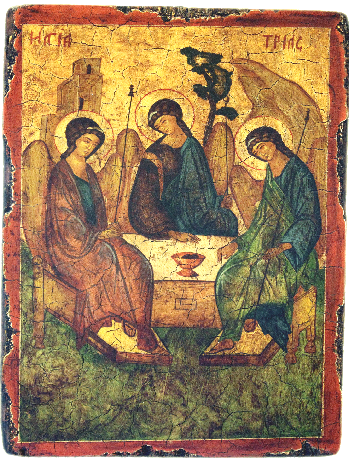 La Trinità di Rublëv presenta tre angeli uniti in un’unica armonia, con la coppa al centro come simbolo del sacrificio del Figlio. Casa, albero e monte richiamano Padre, Figlio e Spirito, mentre lo spazio aperto invita chi guarda a entrare nella comunione divina.