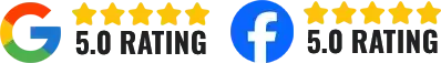 Google and Facebook 5-star ratings, both showing 5.0 rating