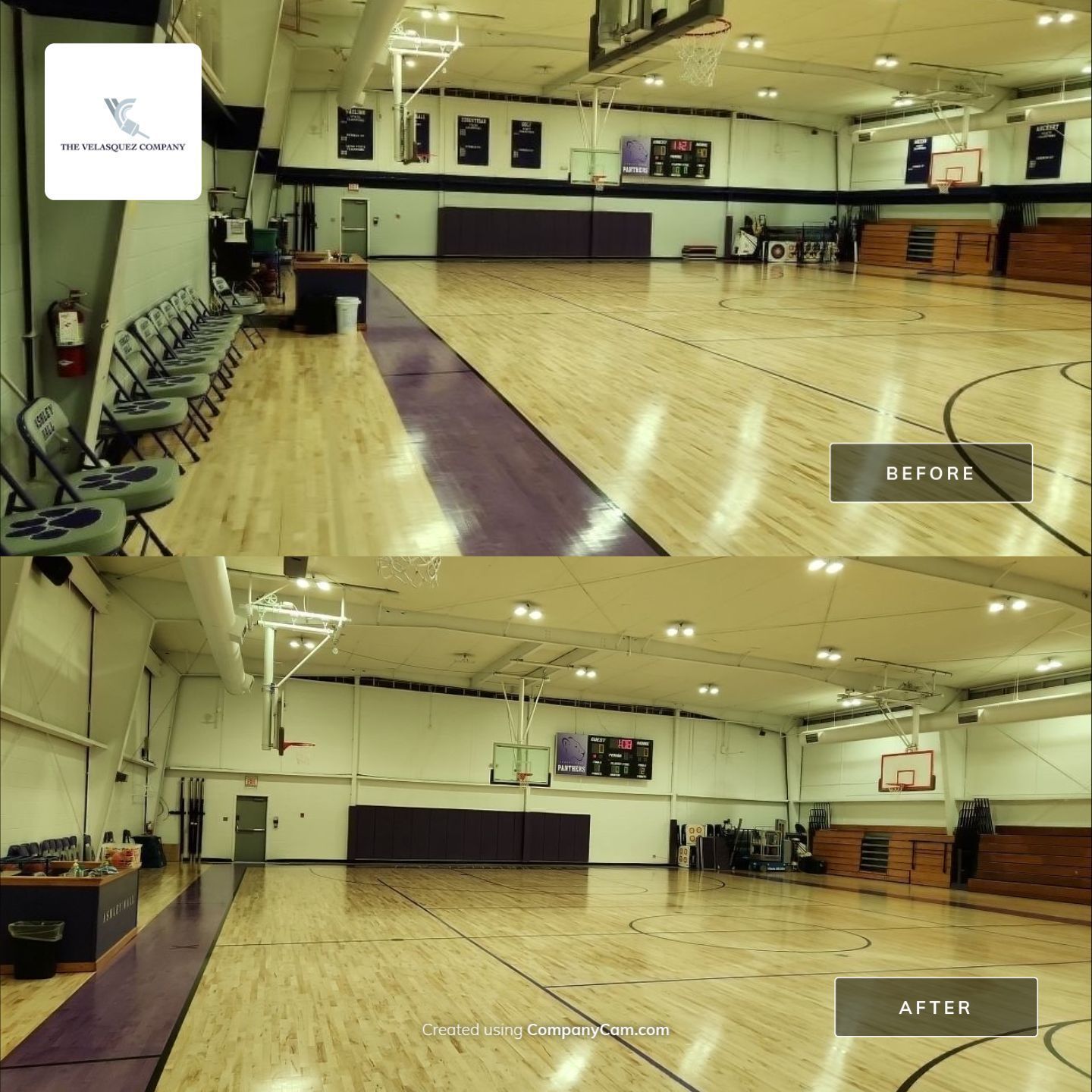 Before and after comparison of a gymnasium, showing the removal of chairs along the sideline to clear the wooden court.