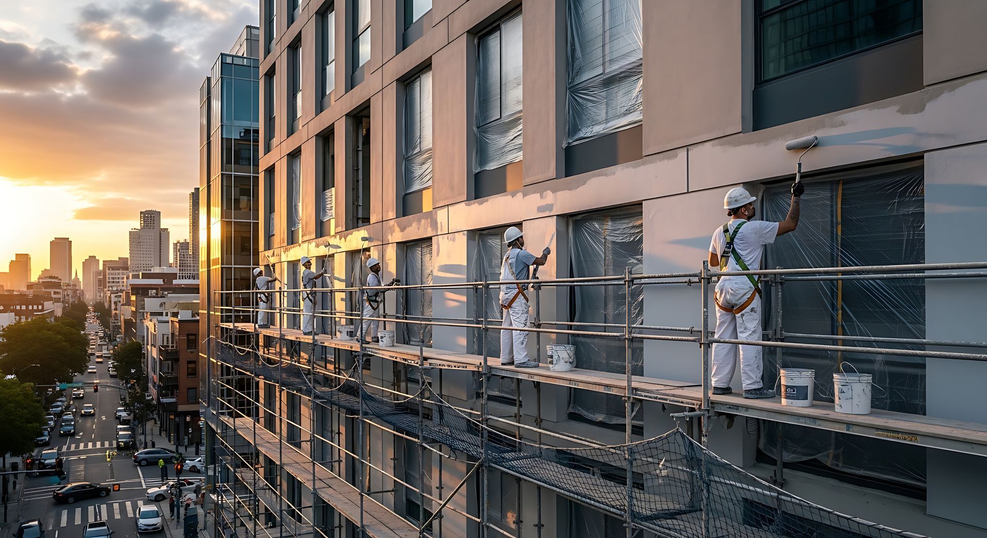 Workers on scaffolding painting the exterior of a modern building at sunset. Workers on scaffolding painting the exterior of a modern building at sunset.