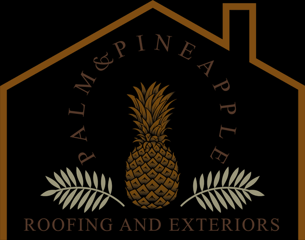 Logo for Palm & Pineapple Roofing and Exteriors featuring a pineapple, palm fronds, and a house outline in brown on black.