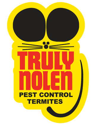 A yellow mouse-shaped logo for Truly Nolen Pest Control, featuring red text, black eyes, whiskers, and a tail.