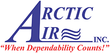The Arctic Air Inc. logo, featuring dark blue text and a wave graphic, with the red tagline “When Dependability Counts!”