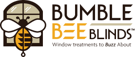 Logo for Bumble Bee Blinds featuring a bee icon in front of a window and the company name in yellow and black text.