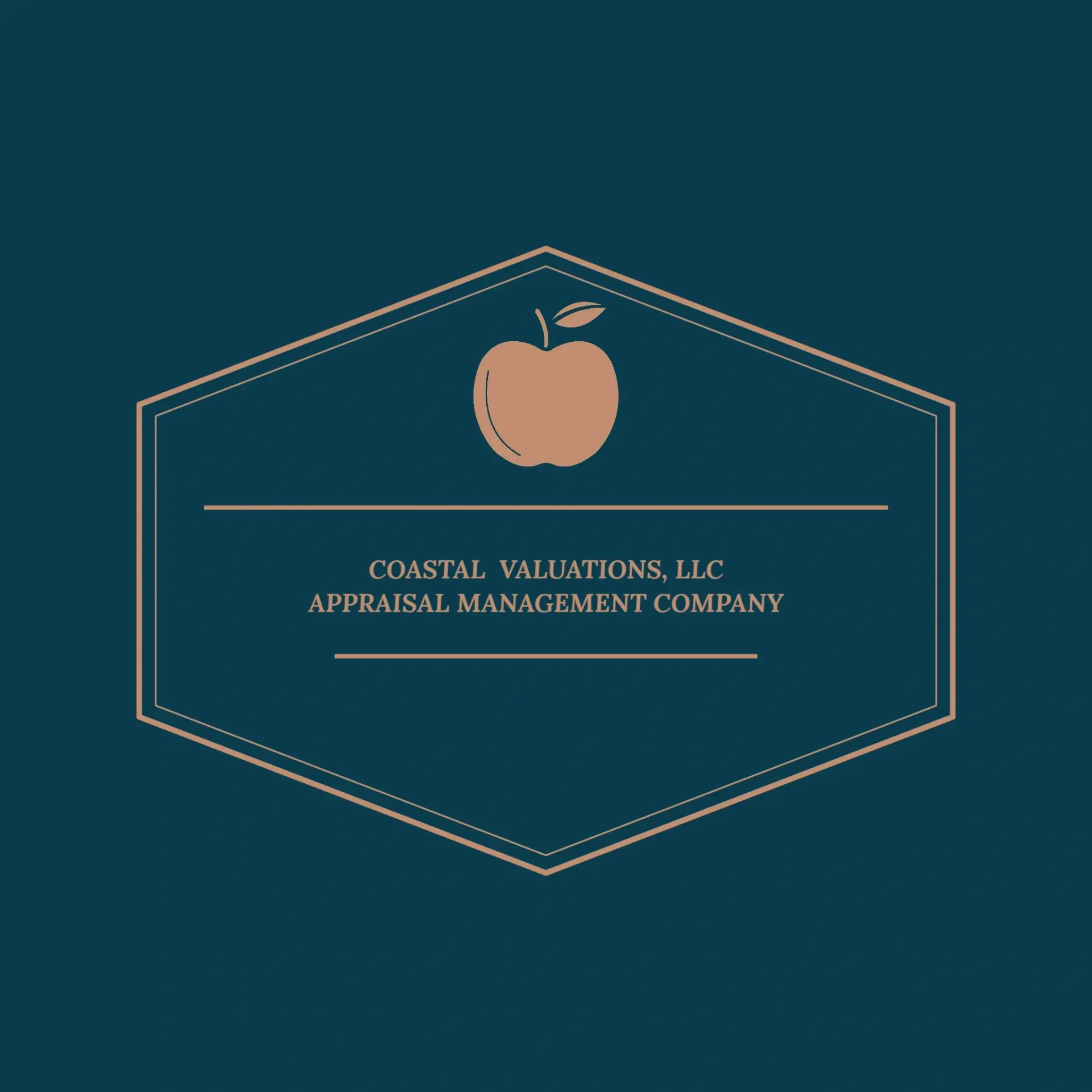 Logo for Coastal Valuations, LLC featuring a tan apple icon inside a hexagon outline on a dark teal background.