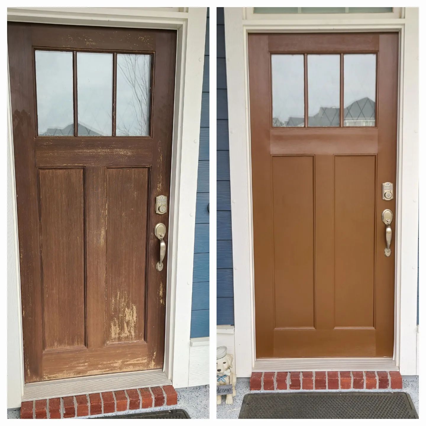 A split-screen comparison showing a weathered, brown wooden front door before and after a smooth, refreshed paint job.