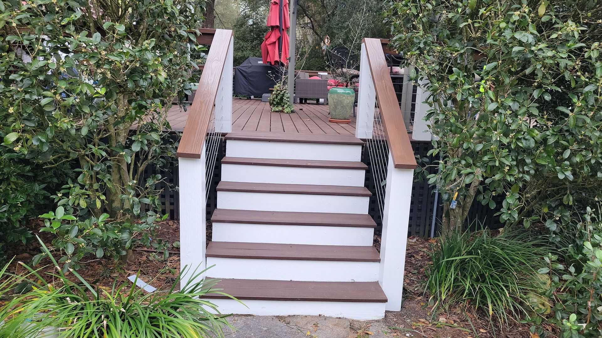 Six wooden deck steps with white risers and brown treads, flanked by white railings and surrounded by green foliage.