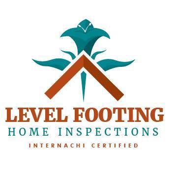Logo for Level Footing Home Inspections: A teal stylized flower behind a brown roof icon with text underneath.