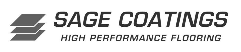 Logo for Sage Coatings High Performance Flooring, featuring a stack of three tilted squares next to the company name.